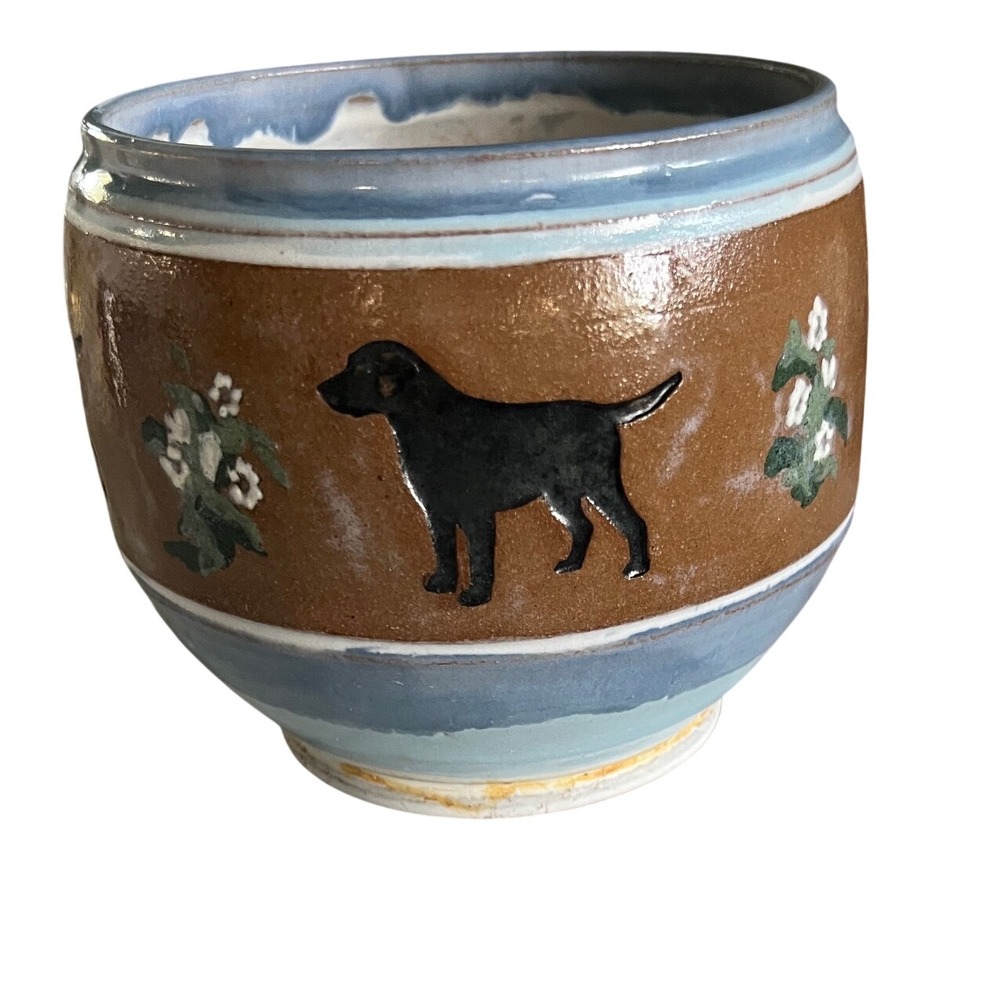 Handmade Ceramic Black Labrador Dog Planter Blue Brown Floral Stoneware Pot